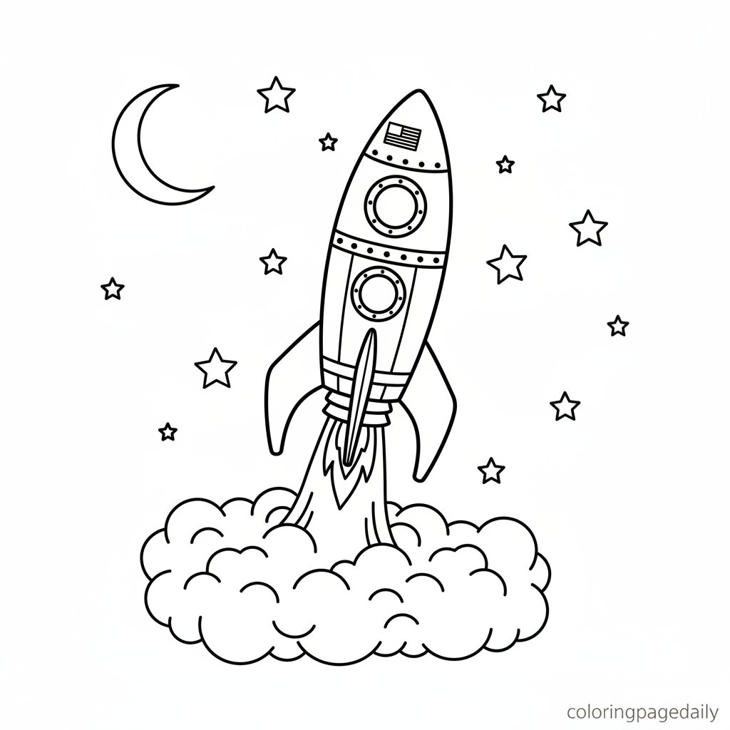 Rocket Ship Blast Off - Printable Coloring Page