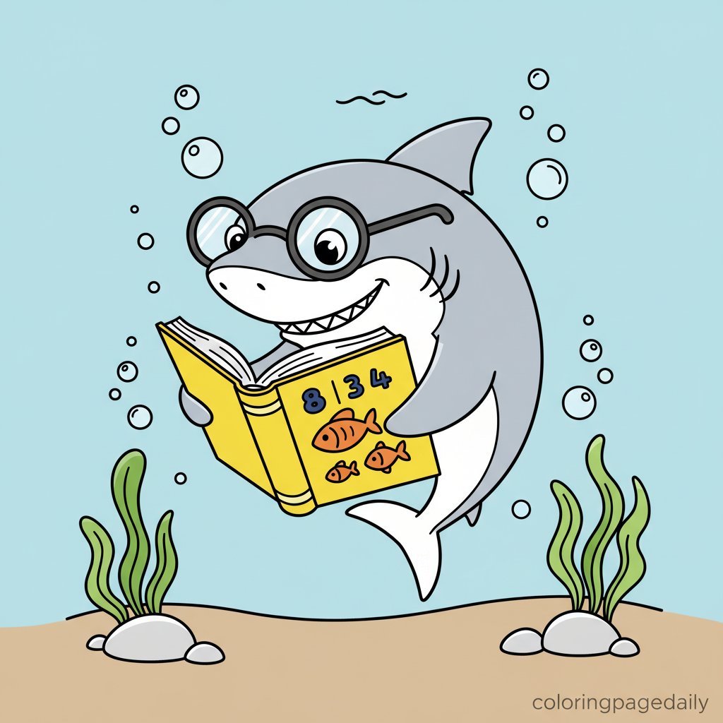 Shark Reading Book - Printable Coloring Page