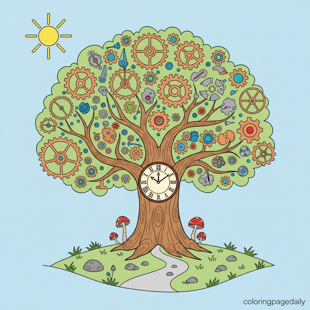 Magical Clockwork Tree - Printable Coloring Page