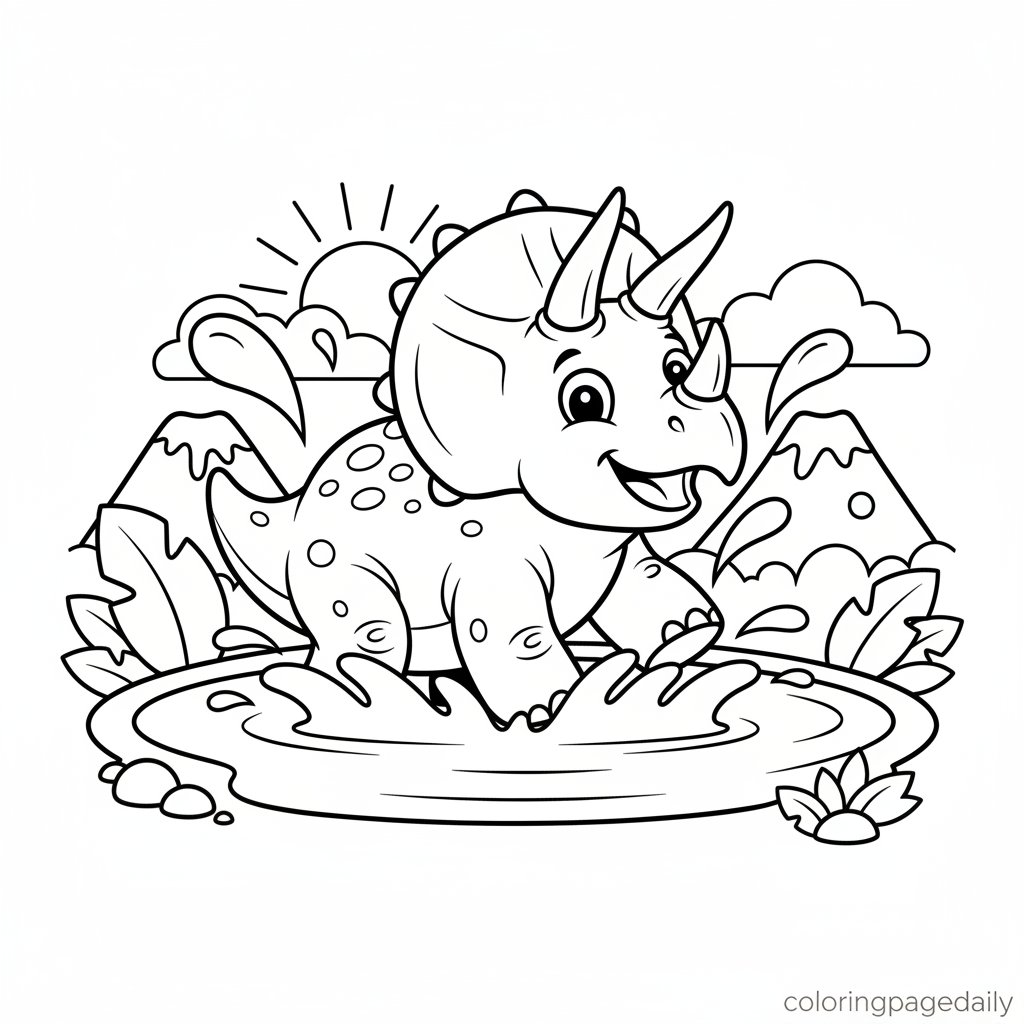 Triceratops Splashing In Mud - Printable Coloring Page