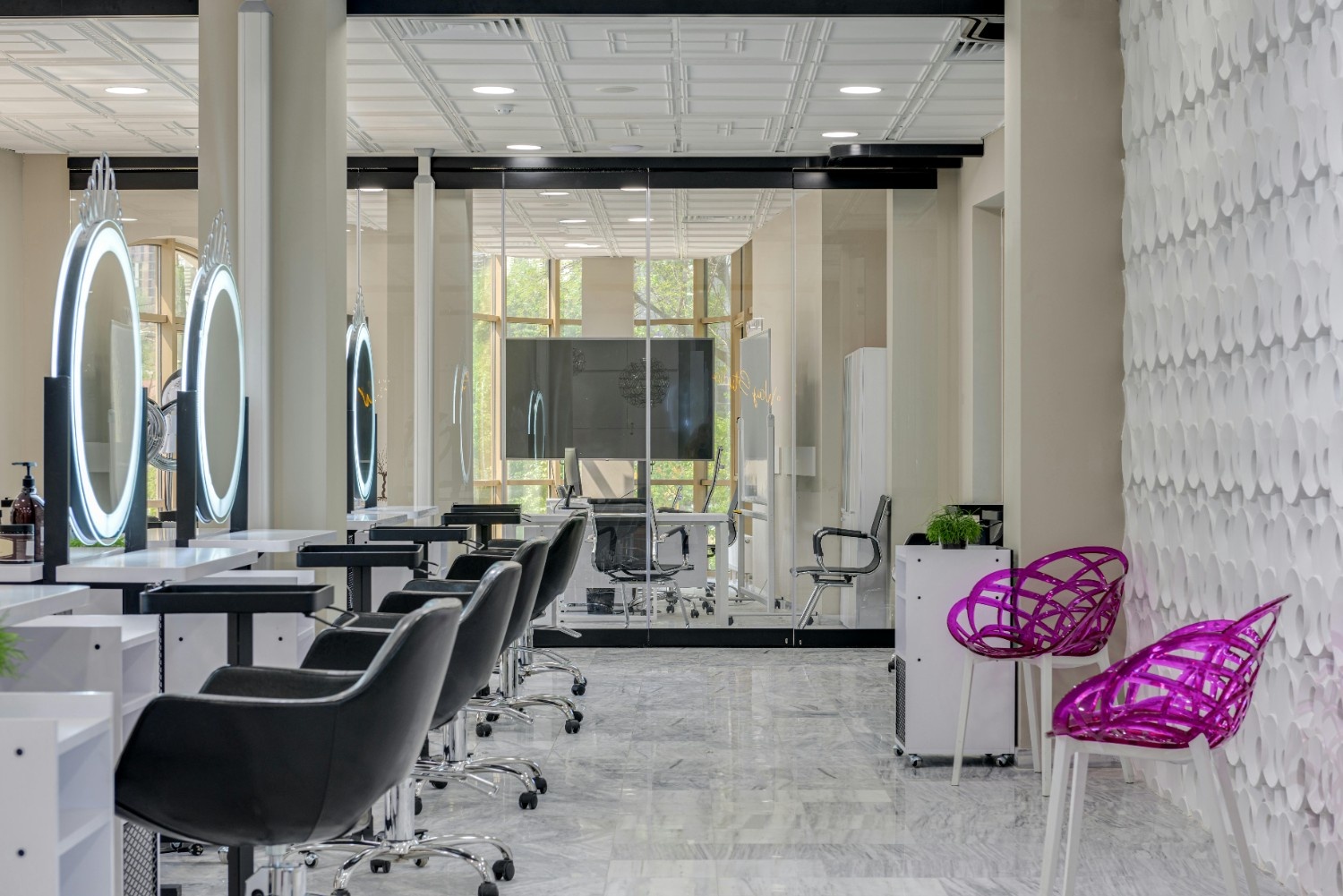 Modern salon interior with teal color scheme and contemporary styling