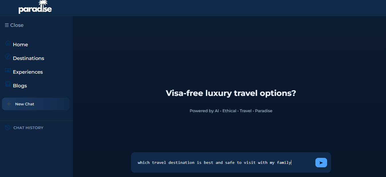 a user types a travel question in the input area and sends for paradise AI to respond