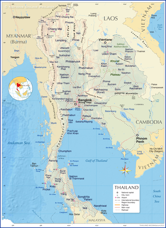 Map of Thailand with major regions (Bangkok, Chiang Mai, Phuket, etc.)