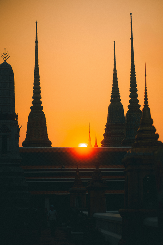 Bangkok’s Grand Palace at sunset; this ornate royal complex is “Thailand’s most famous attraction