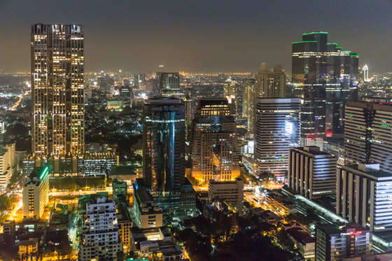 Thailand city overview with beautiful tall buidings and temples