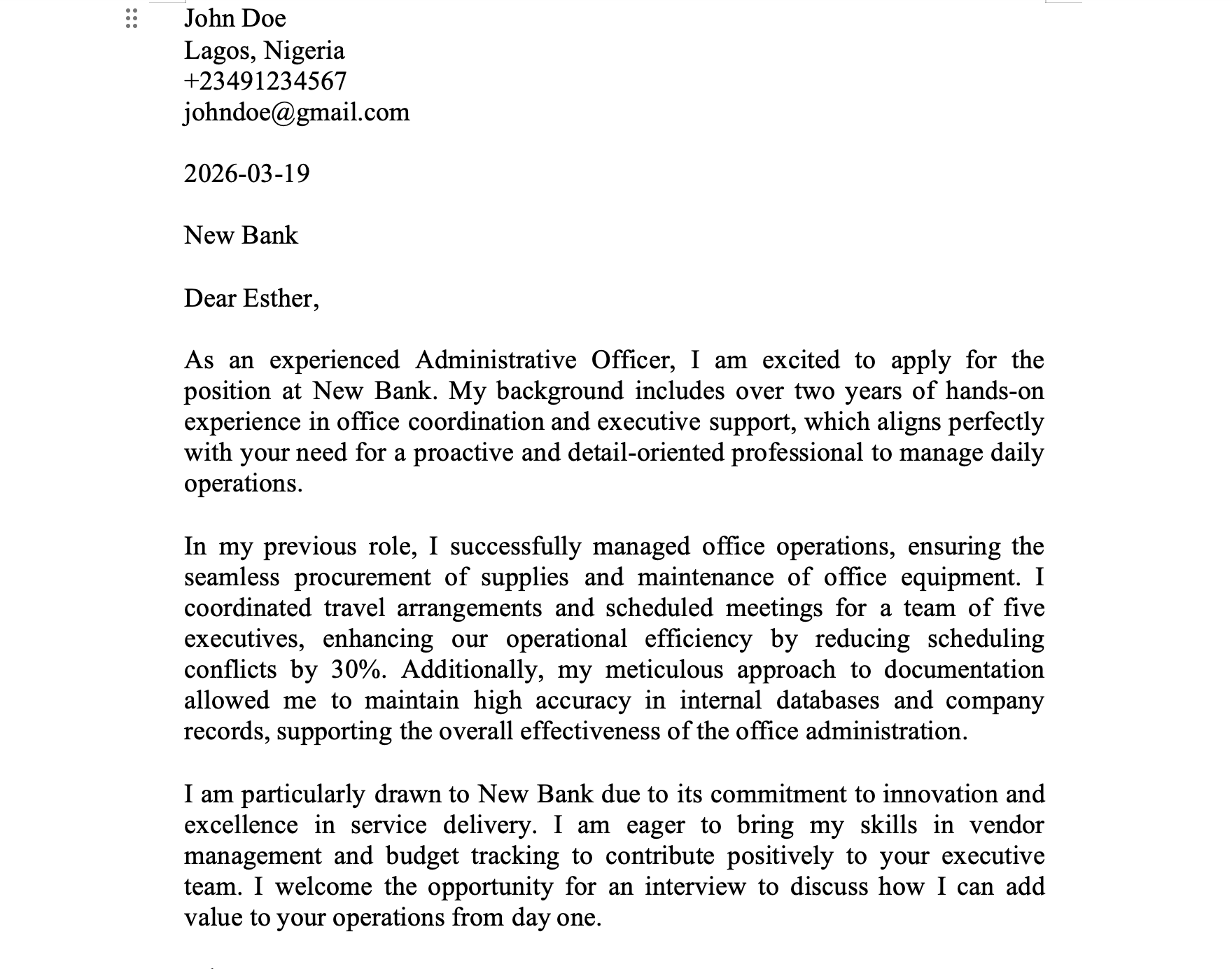 Administrative & Office Cover Letter template preview
