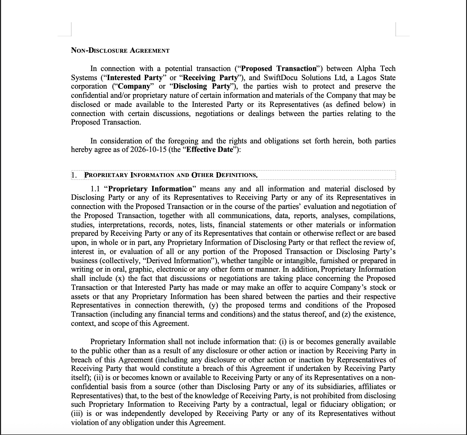 Mutual Non-Disclosure Agreement (NDA) template preview
