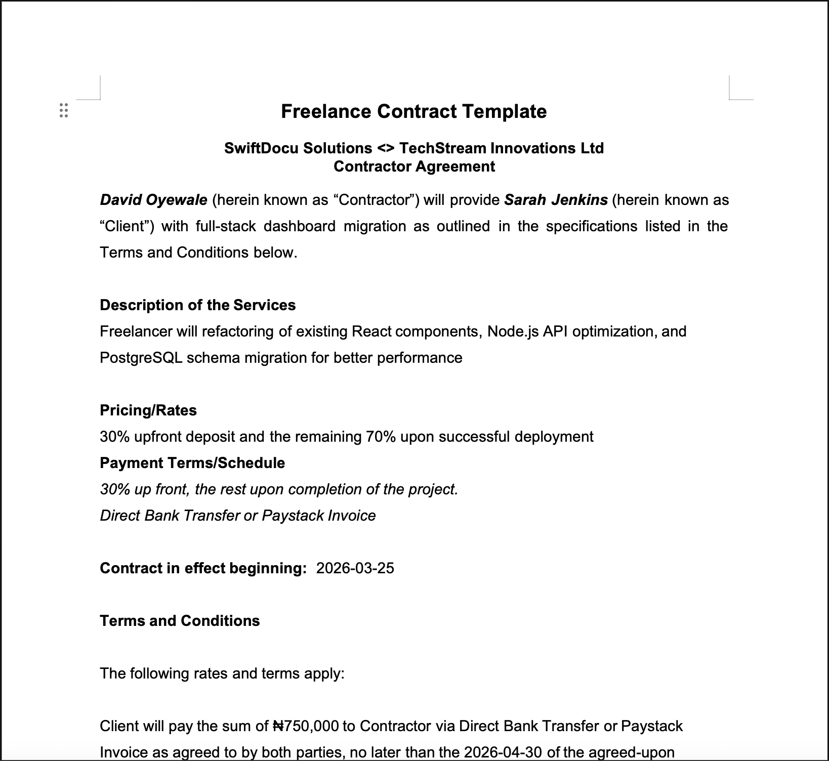 Freelance Contract template preview