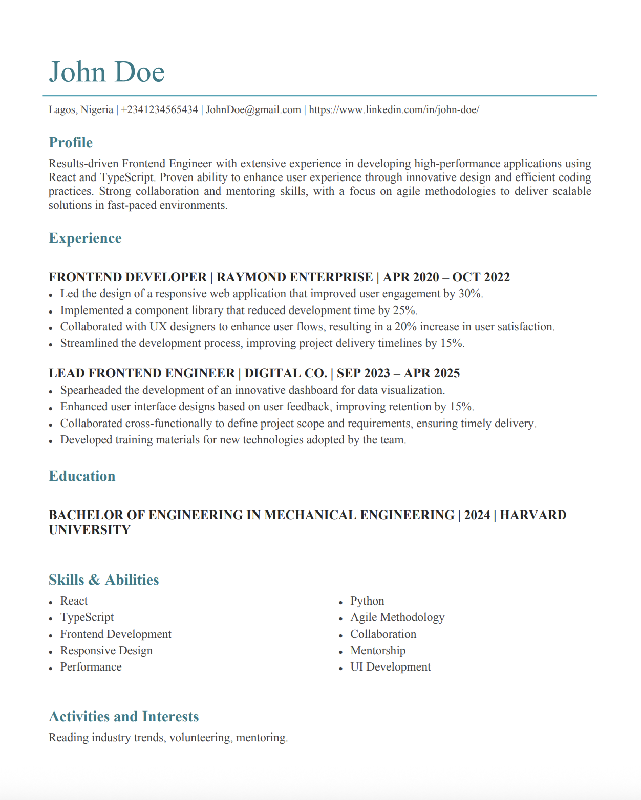 Modern Teal Professional CV template preview