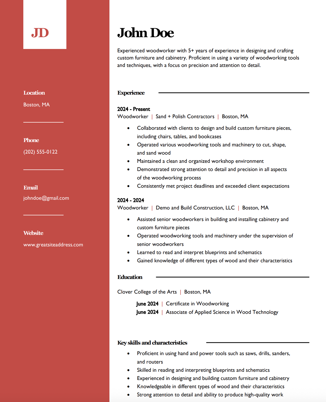 Executive Crimson Sidebar CV template preview