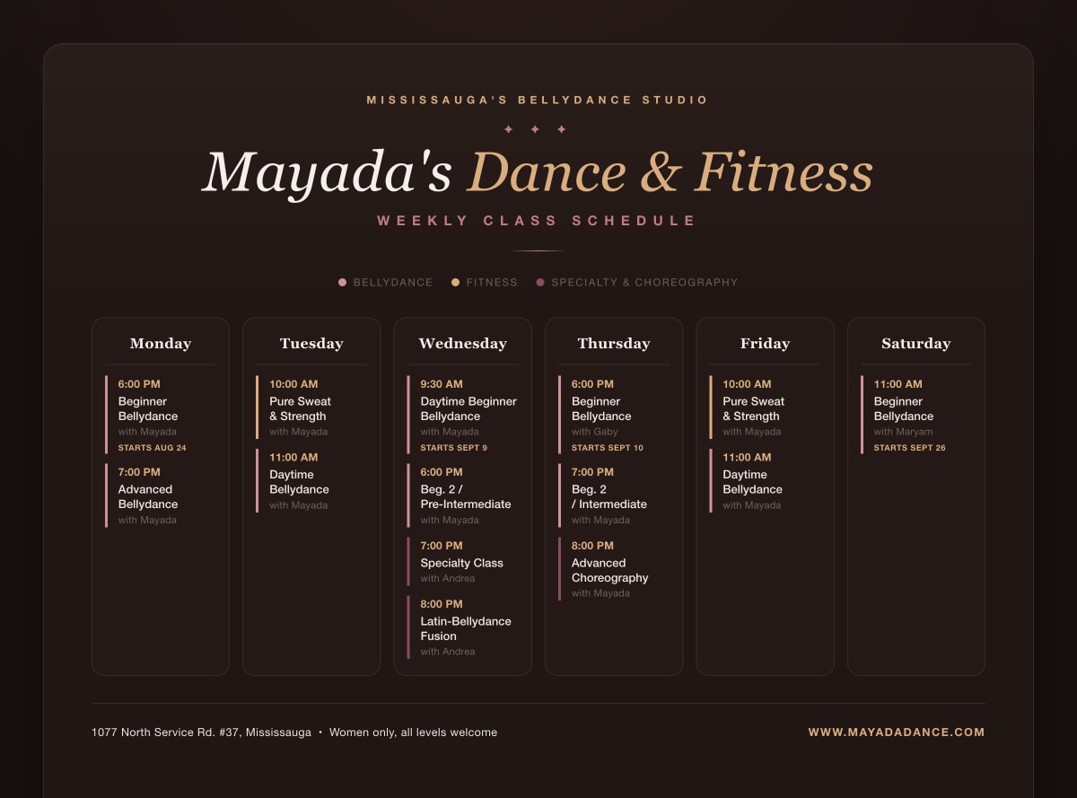 Mayada's Dance & Fitness weekly class schedule — Monday to Saturday, with class times and instructors