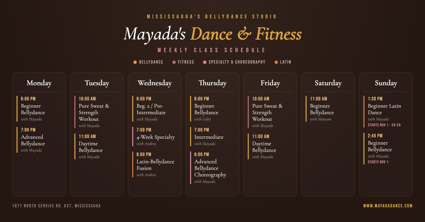 Mayada's Dance & Fitness weekly class schedule — Monday to Sunday, with class times and instructors
