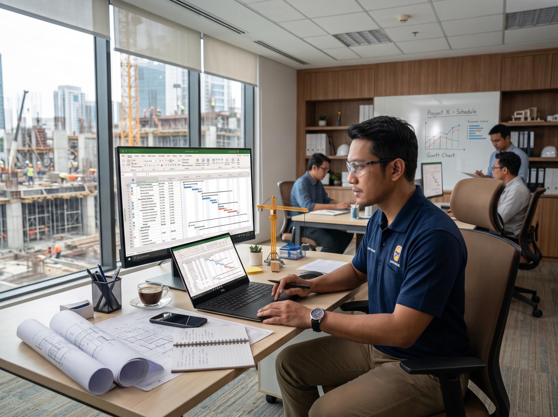 Project manager menyusun jadwal proyek konstruksi, latar Pelatihan MS Project Zamil Consulting