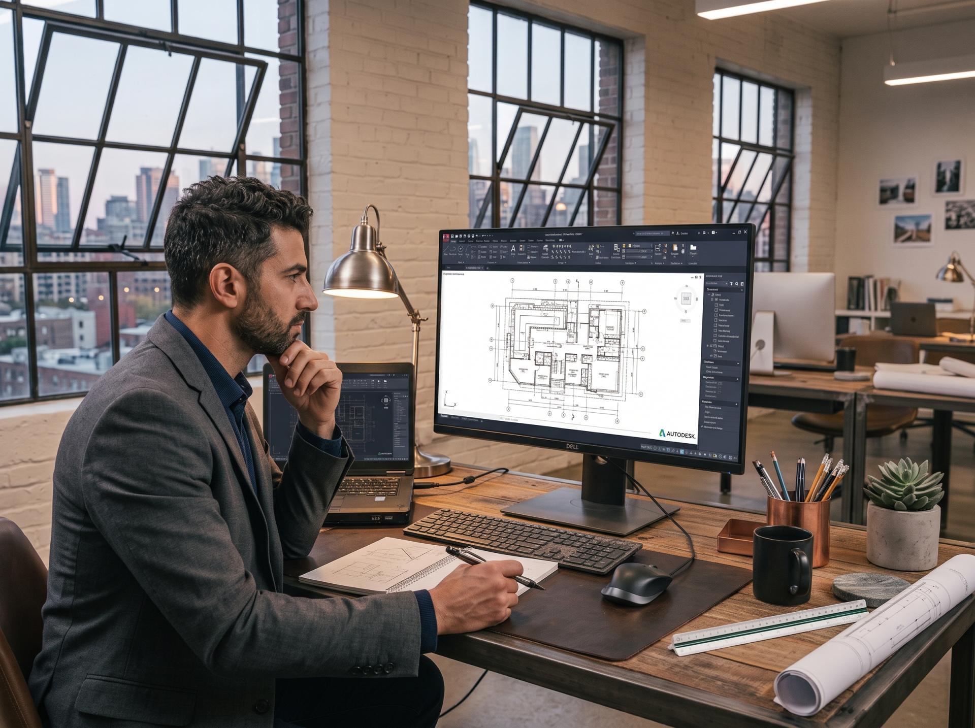 Engineer mengerjakan gambar teknik konstruksi, latar Pelatihan AutoCAD Zamil Consulting