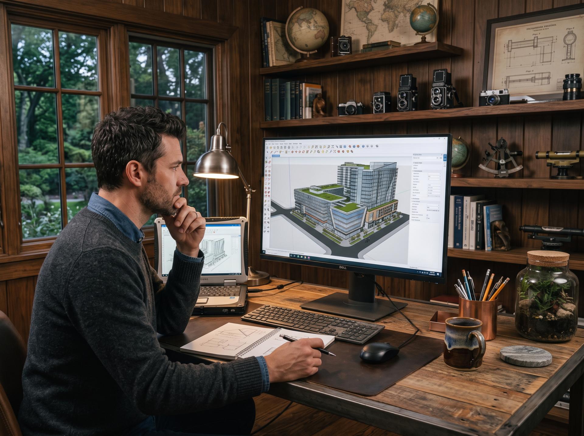 Engineer memodelkan desain bangunan 3D, latar Pelatihan SketchUp Zamil Consulting