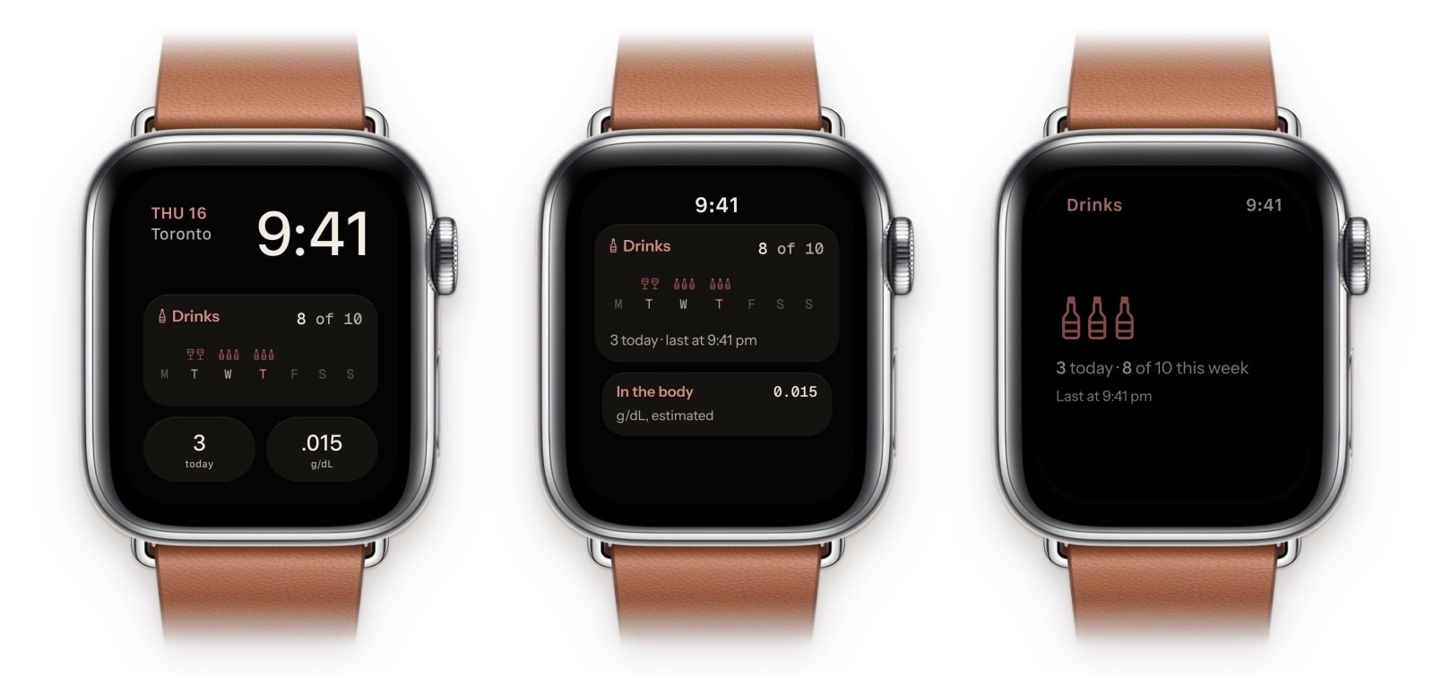 Three Apple Watches showing Vice Log as a watch face complication with the week drawn in beers and glasses of wine, in the Smart Stack, and in the dimmed Always On state. The watch is always dark.