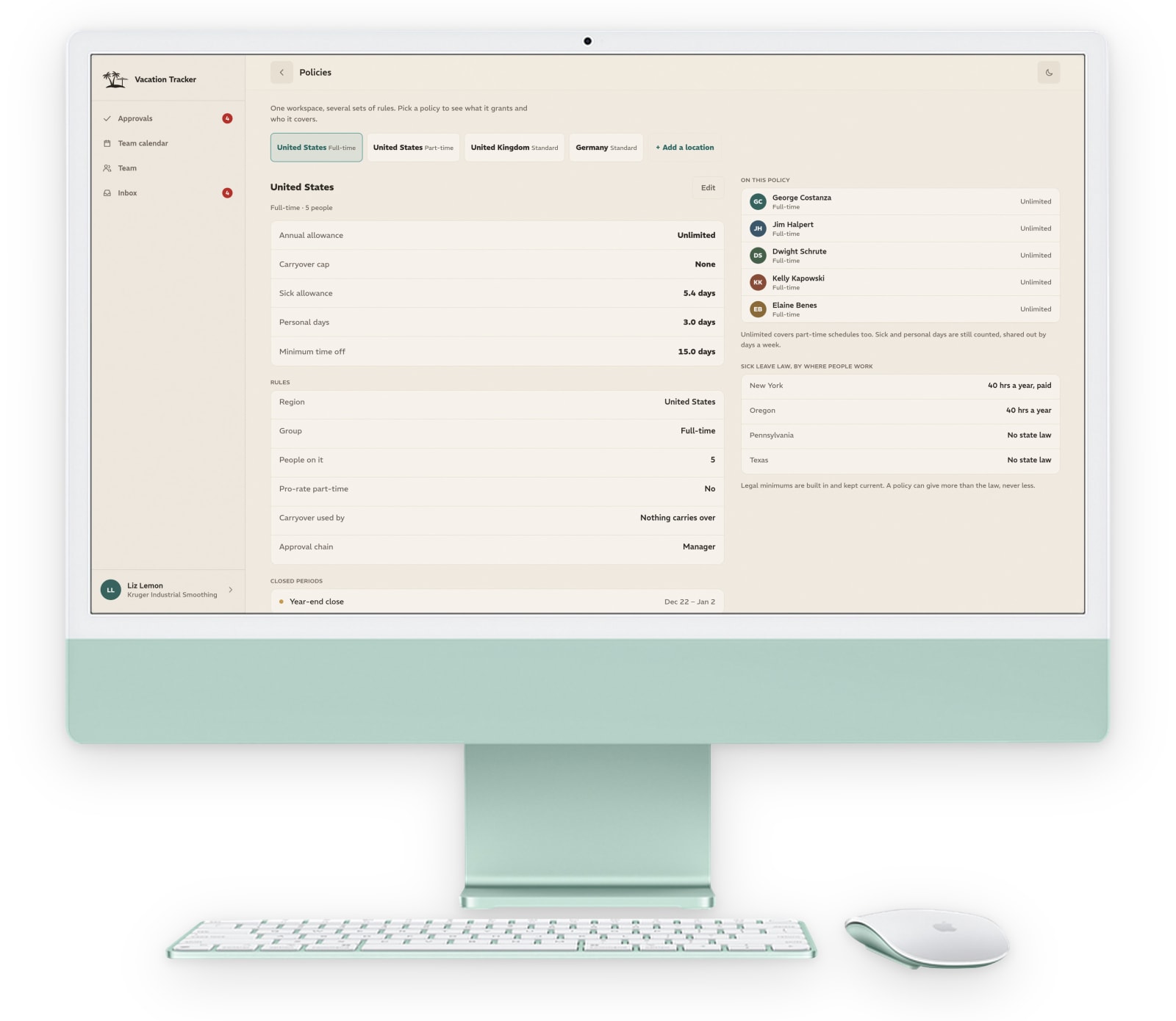 Liz’s United States policy on a computer set to unlimited: annual allowance Unlimited, carryover cap None, minimum time off 15 days, and New York, Oregon, Pennsylvania and Texas sick leave law beside it, in light mode.