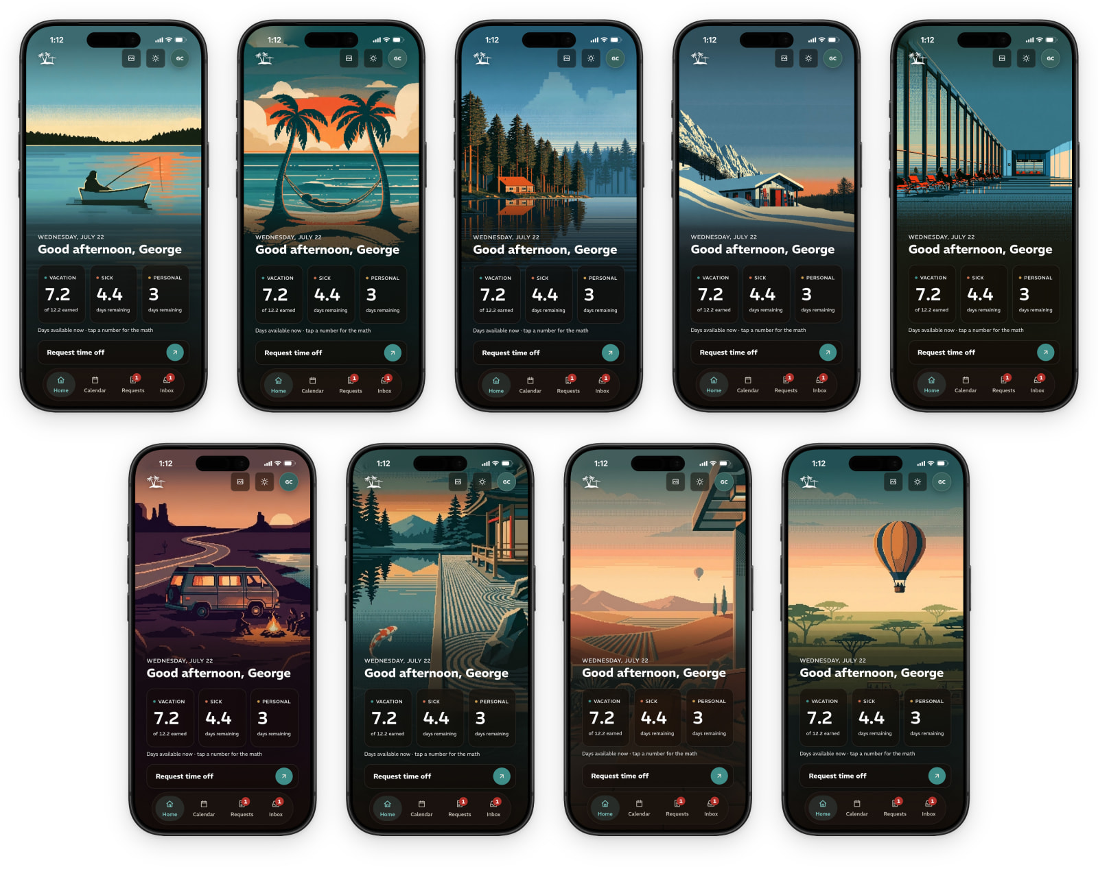 Nine phones showing George’s Home over nine pixel-art scenes: a lake, a beach hammock, a lakeside cabin, a ski hut, an airport lounge, a desert road trip, a zen garden, a desert terrace and a safari, in dark mode.