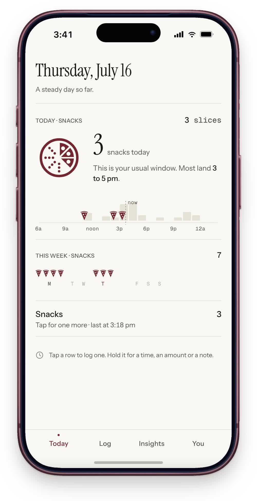 Vice Log on an iPhone: logging a snack fills another slice of the pie and sets a slice at its time on the day, then Insights shows that most snacks land between 3 and 5 pm, in the paper theme.
