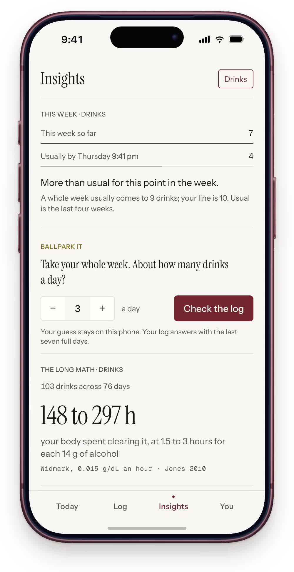 Vice Log Insights on an iPhone, scrolling: this week so far against usual, the long math with its sources, the last four weeks against the four before, when drinks land, and twelve weeks, in the paper theme.