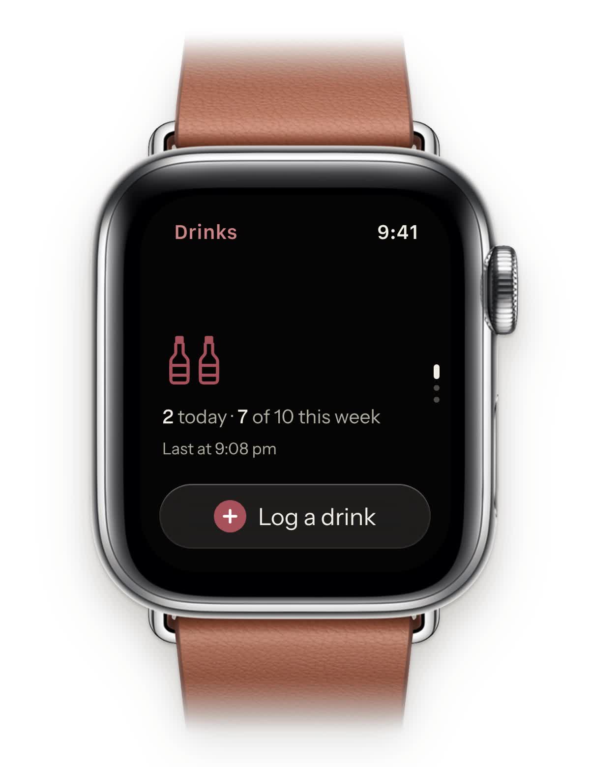 Vice Log on an Apple Watch: a tap logs a drink and a new beer appears, then turning the Digital Crown shows the week against the line and the body clock estimate. The watch is always dark.