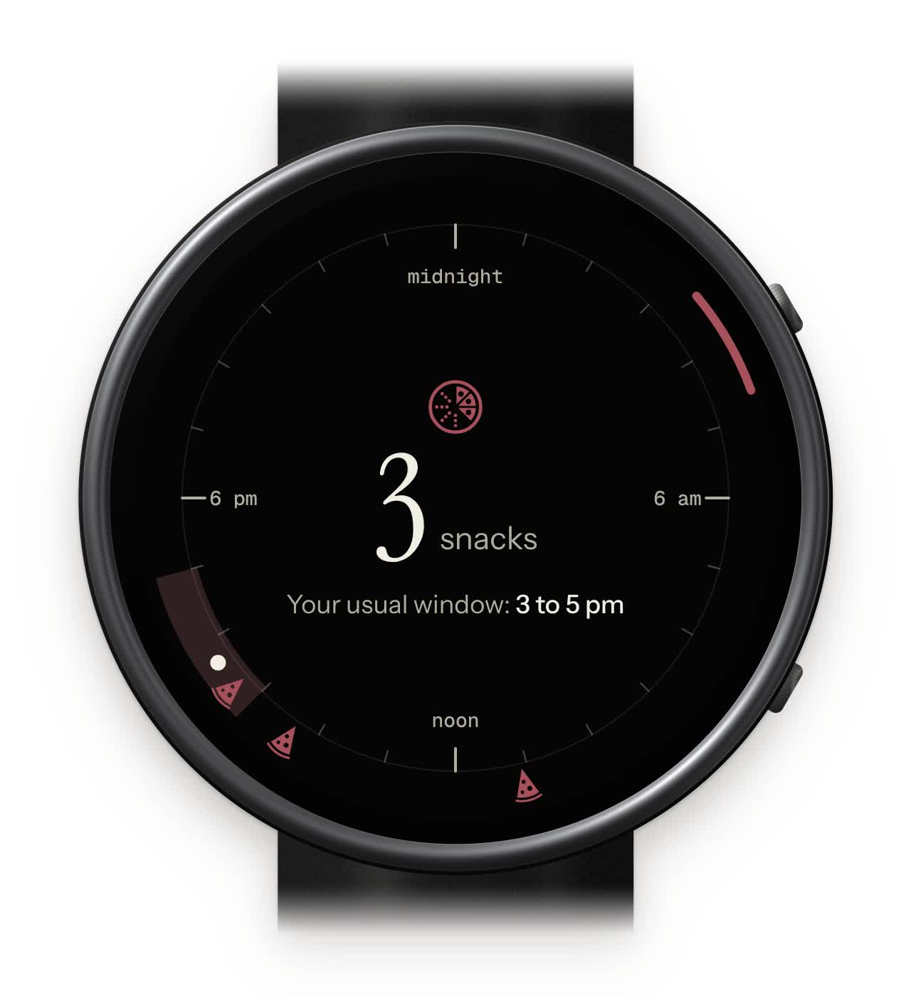 Vice Log on a round Garmin Venu 4: a 24 hour dial with each snack drawn as a slice at its time and the usual 3 to 5 pm window shaded. The top button logs a snack and its slice appears at 3:41 pm, then a swipe to the week as seven small pies, Monday and Thursday tied as the busiest.