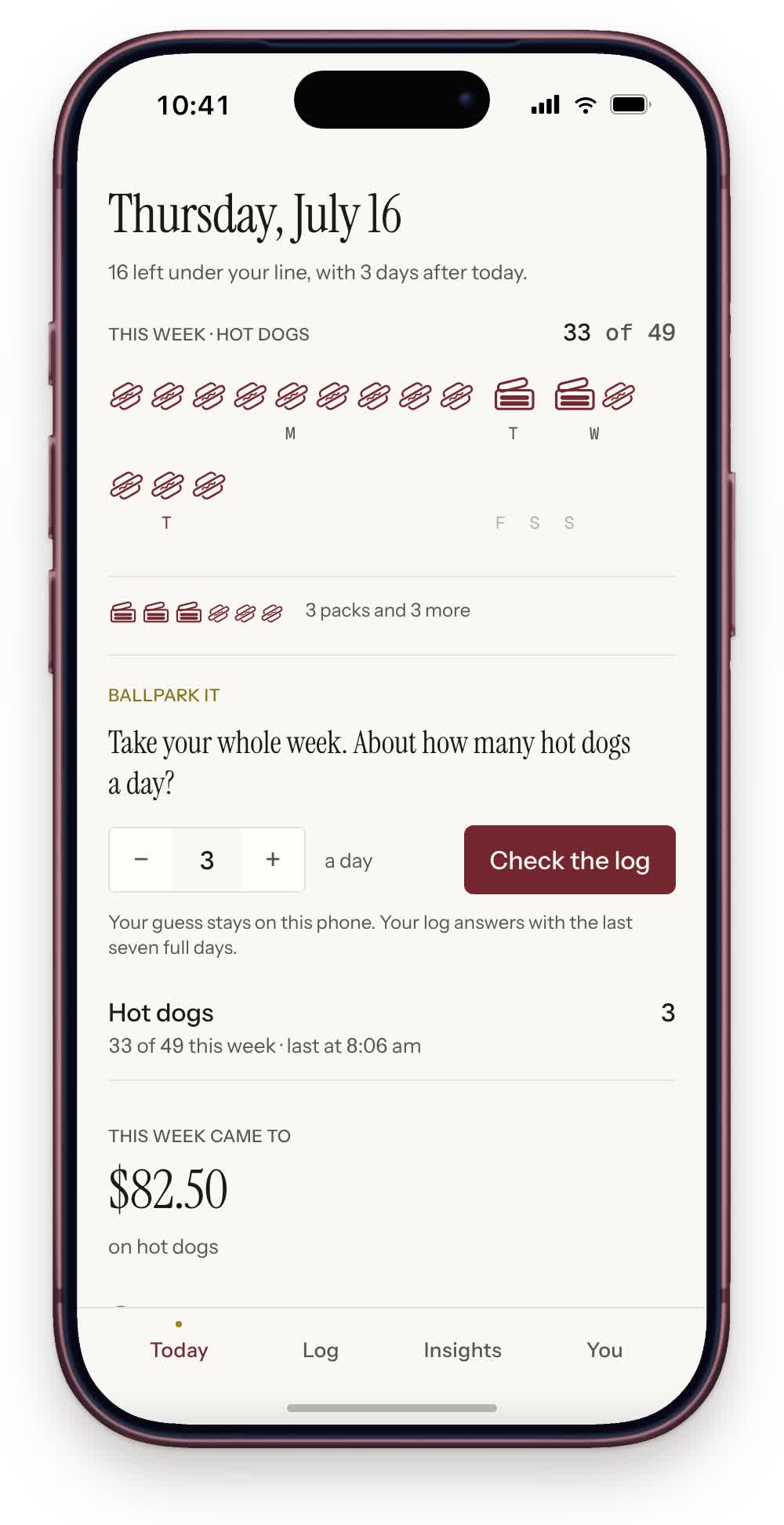Vice Log in hot dog mode on an iPhone: the week drawn in hot dogs folding into packs of ten, a guess of seven hot dogs a day, and the log answering ten, in the paper theme.