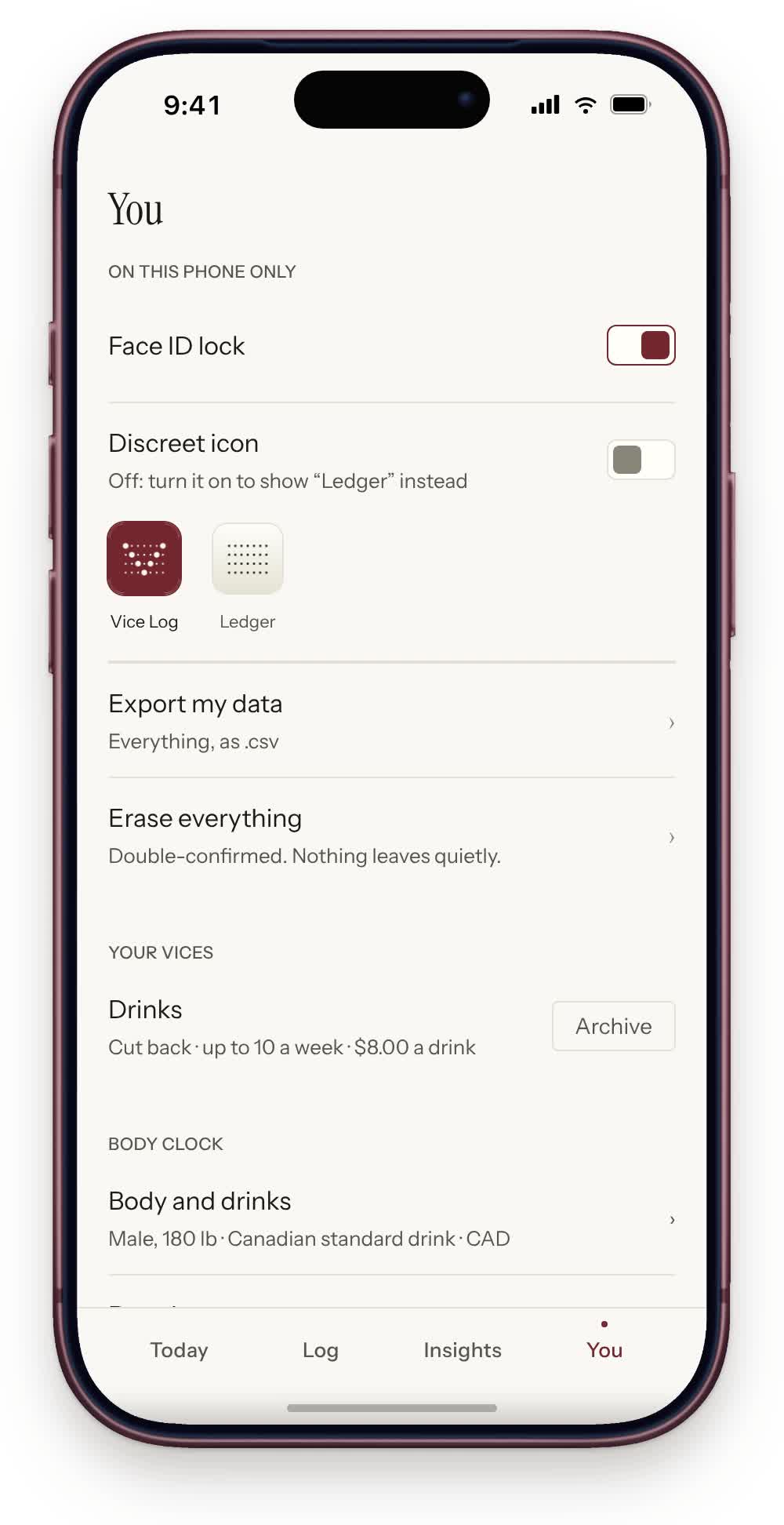 Vice Log on an iPhone: in You, Body and drinks shows what one drink means, how blood alcohol is shown and the currency. mg/100 ml is chosen and Today's body clock now reads in mg/100 ml, in the paper theme.