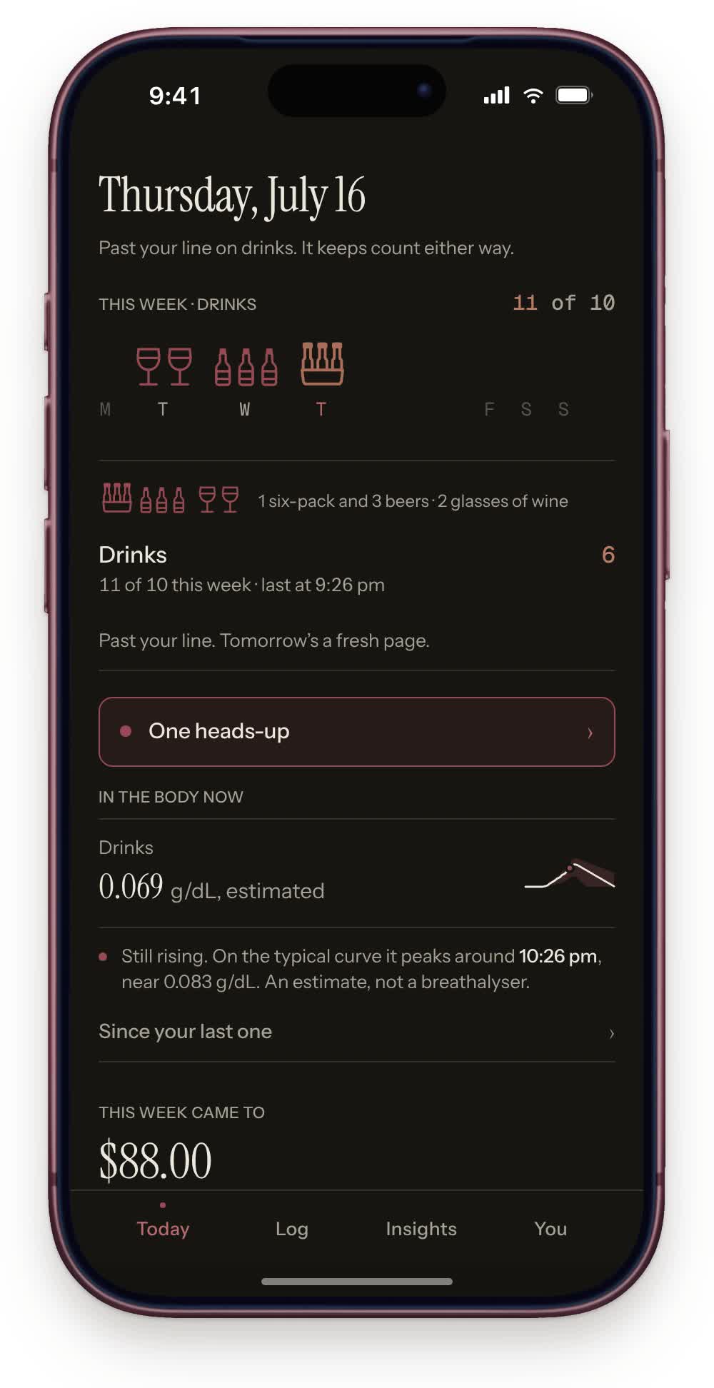 Vice Log on an iPhone, past the weekly line: the quiet line under Drinks opens a sheet with the person's own why, Better mornings, and Start the minute begins a slow breathing bar that widens and narrows, then Back to the log, in the after hours theme.