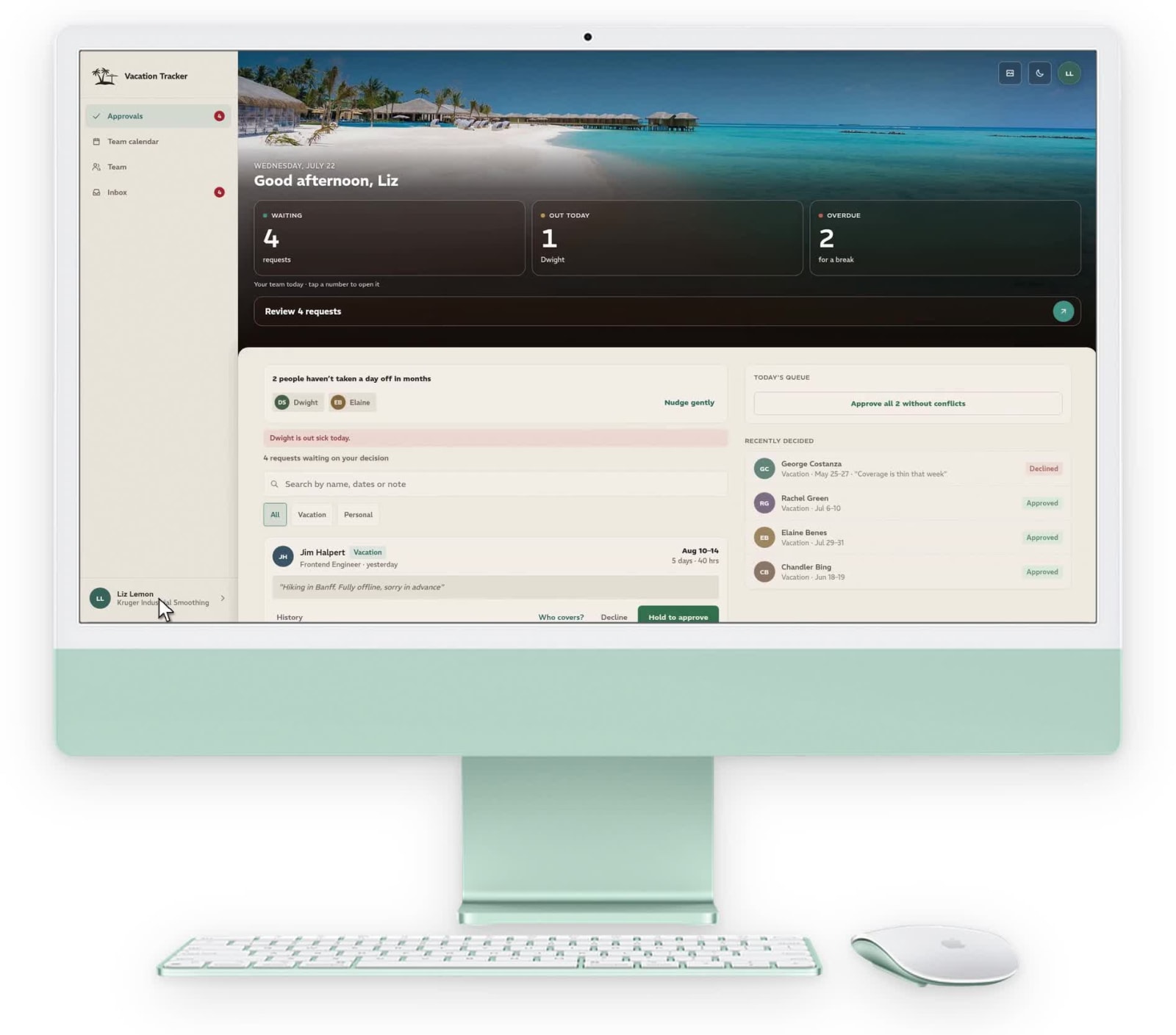 Liz’s computer: the workspace policies for the United States, the United Kingdom and Germany, each with the legal minimums for that place shown beside it, in light mode.