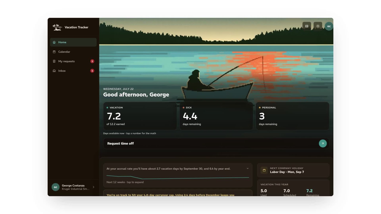 George’s Home reflowing continuously from desktop width down to phone width and back again, in dark mode.