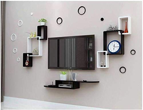 Craftcity TV Entertainment Unit Set Top Box Wall Stand Home Decor Wall Shelf Wooden Racks Wall Dcor Black & White 1 Set Top Box Stand and 2 Interconnect & 10 Wall Stickers Rings Interconnect
