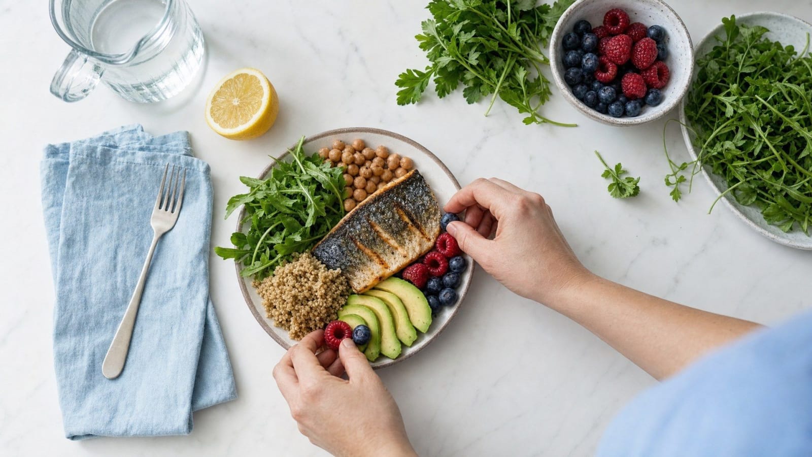 Hands arrange grilled fish, greens, grains, avocado, and berries on a plate.