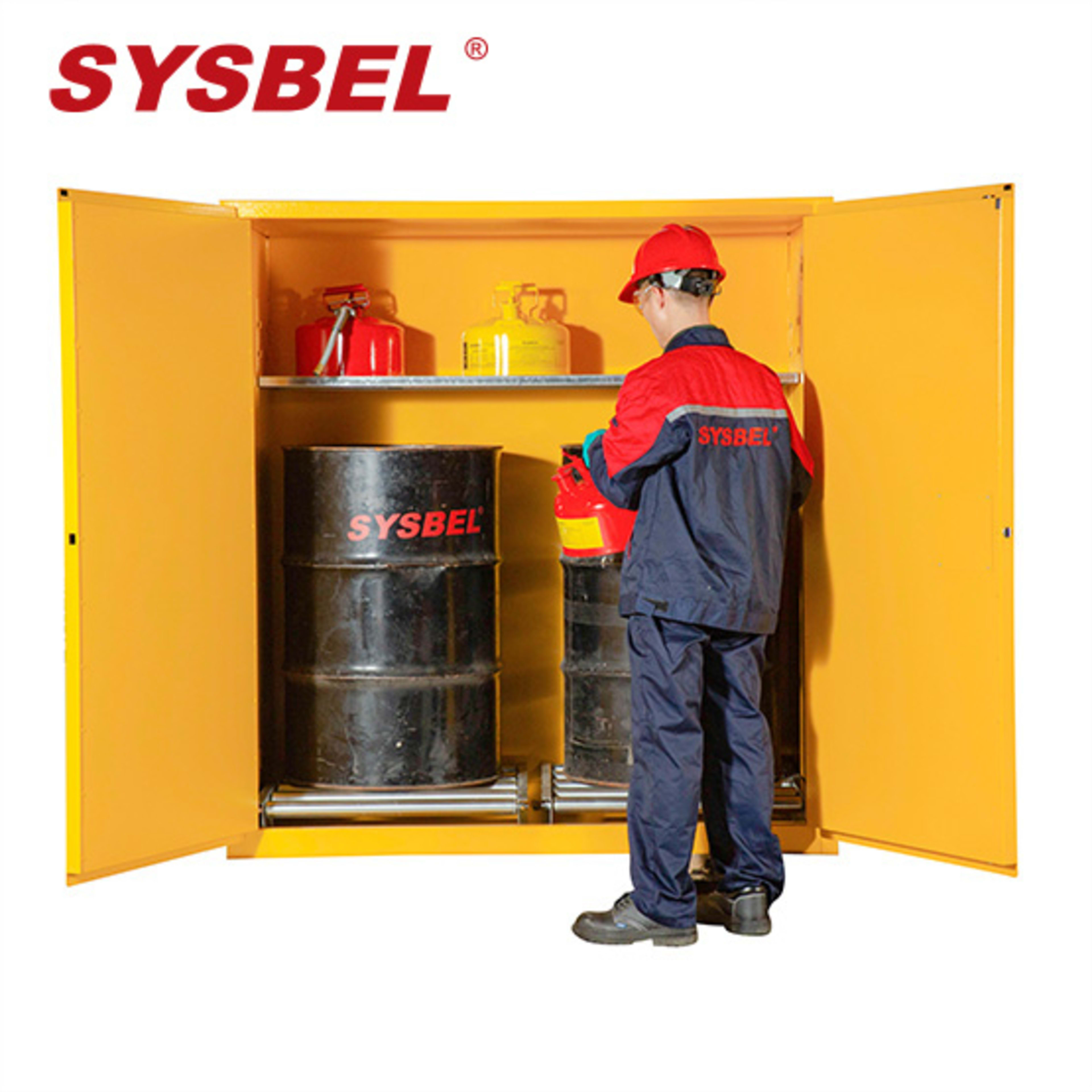 Sysbel CE Approved 110 Gal 2 Door Flammable Liquid Drum close-up | buy flammable safety storage cabinet from Saudistark KSA