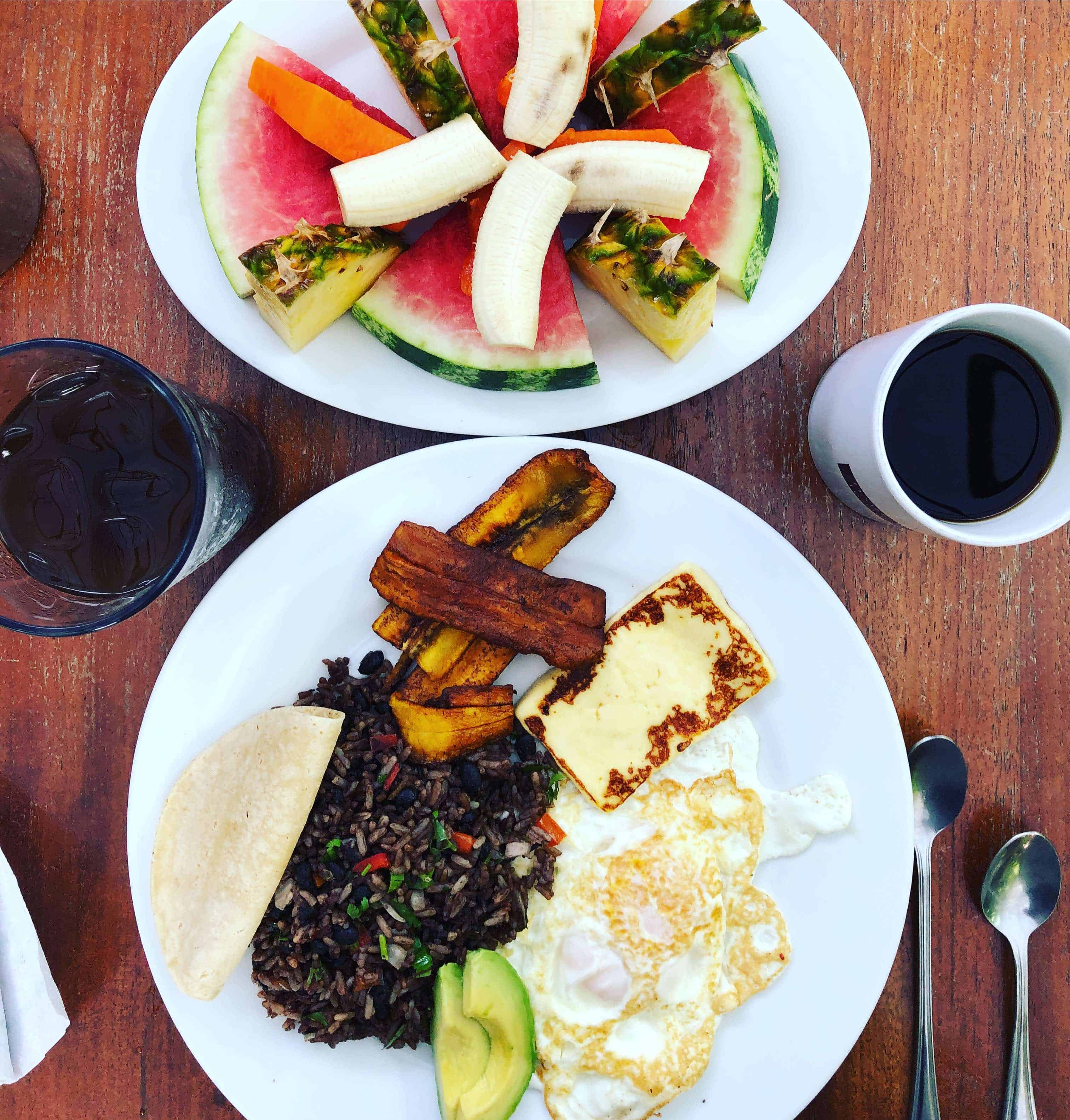 Breakfast spread with tropical fruit