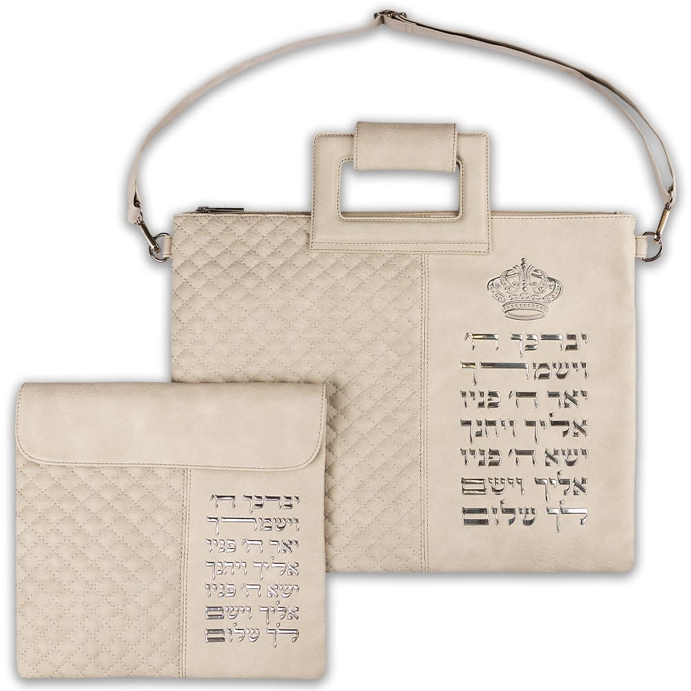 תיק מפואר לטלית דמוי עור אפור אותיות בולטות "יברכך" כסף 36x29 ס"מ