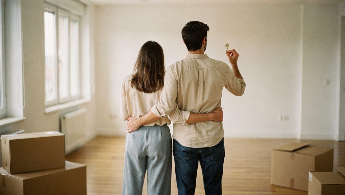 Casal jovem no apartamento vazio, com a chave da primeira casa na mão