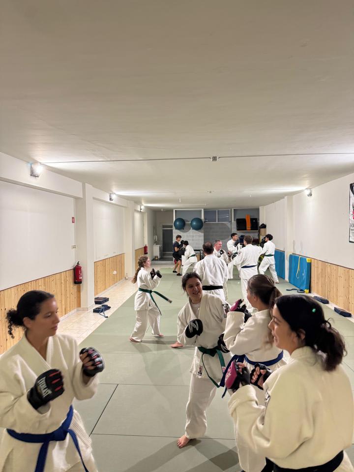 Sala cheia de alunos a treinar a pares com luvas e manoplas