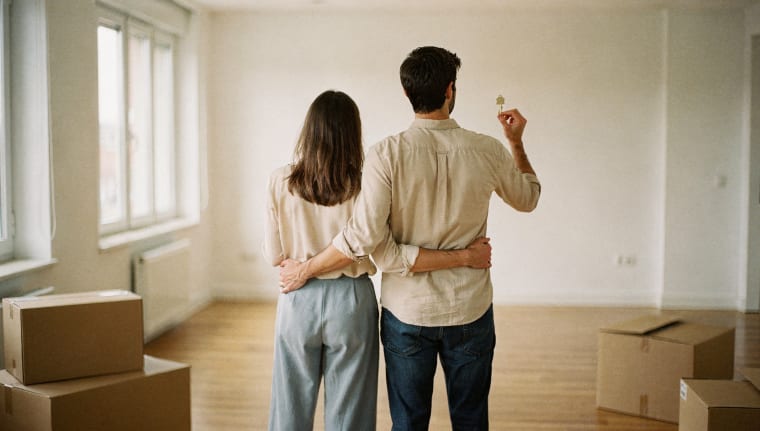 Casal jovem no apartamento vazio, com a chave da primeira casa na mão