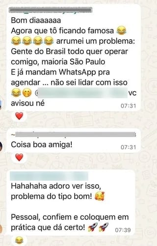 Print de conversa no WhatsApp: uma médica conta que gente do Brasil todo quer operar com ela, a maioria de São Paulo, e que já mandam WhatsApp para agendar