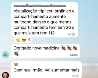 Print de conversa: um médico conta que a visualização orgânica triplicou e que o compartilhamento aumentou muito