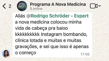 Print de conversa: um médico conta que o Instagram está bombando, a clínica lotada e com muitas gravações