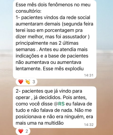 Print de mensagem de um médico: neste mês os pacientes vindos da rede social aumentaram demais e chegaram pacientes que já vinham com a decisão de operar