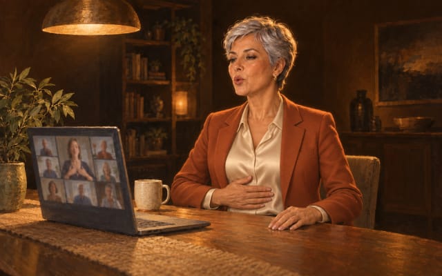 Mulher de cabelo curto prateado e blazer terracota com a mão no diafragma, praticando diante do notebook com a aula online.