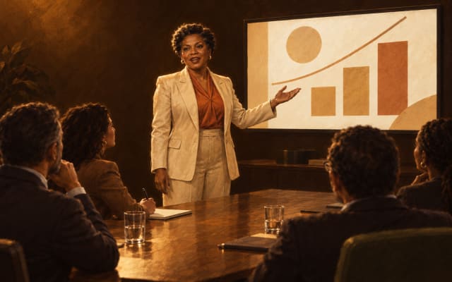 Mulher em pé numa sala de reunião, apresentando slides com segurança enquanto quatro colegas à mesa olham para ela.