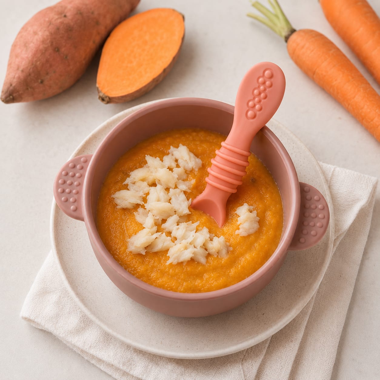 Puré de Batata-doce e Cenoura com Pescada