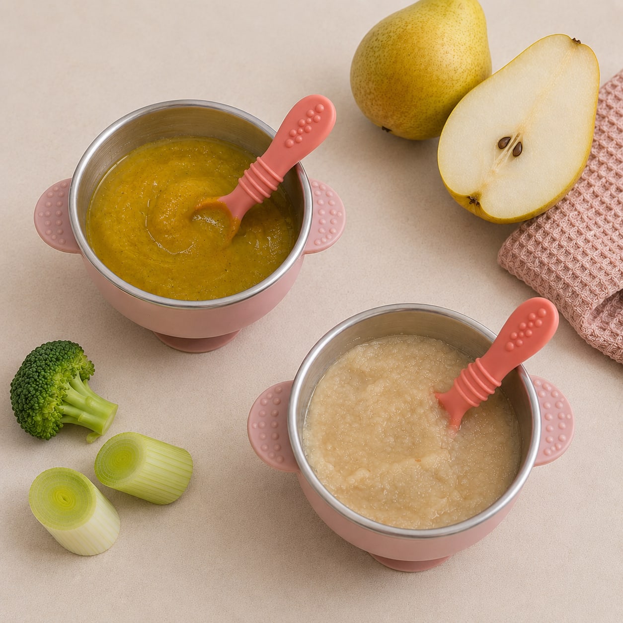 Puré de Brócolos e Alho-francês + Puré de Pêra