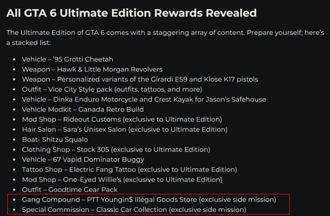 GTA VI: Ultimate Edition получит эксклюзивные сайд-квесты и контент