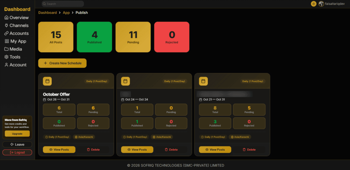 Sofriq Publish Dashboard where all posts available to menage.