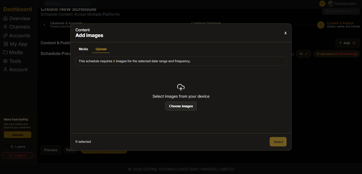 Uploading image in publish while creating a schedule, you can add from media or can upload from your device